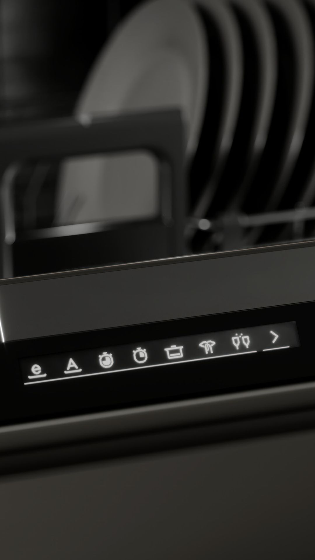 Close-up of a dishwasher control panel with modern symbols and Swiss Made logo