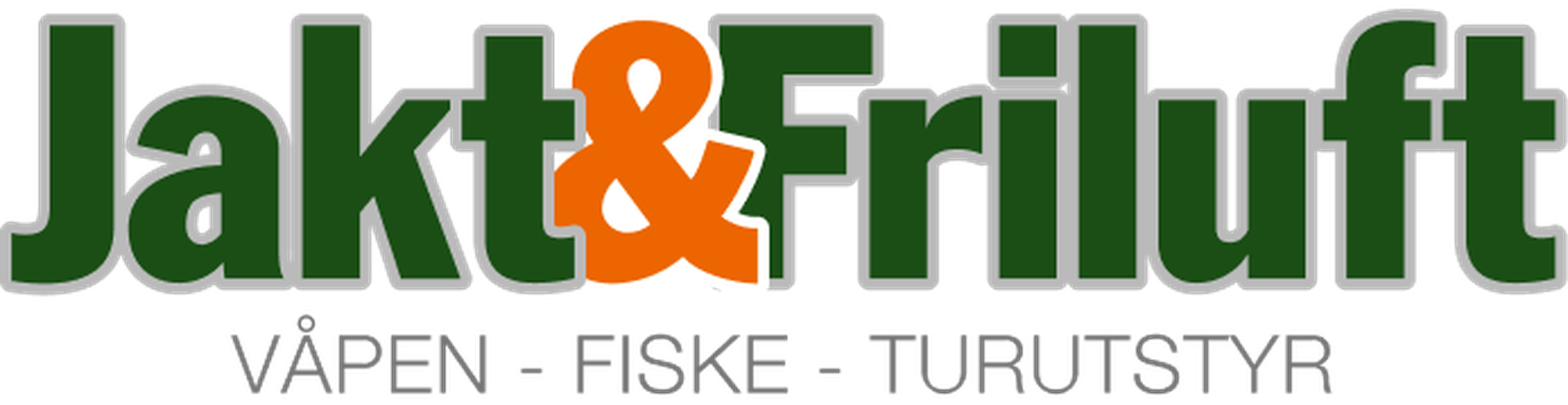 Logo of "Jakt & Friluft" with the words "Våpen - Fiske - Turutstyr" below, featuring green and orange text on a transparent background.
