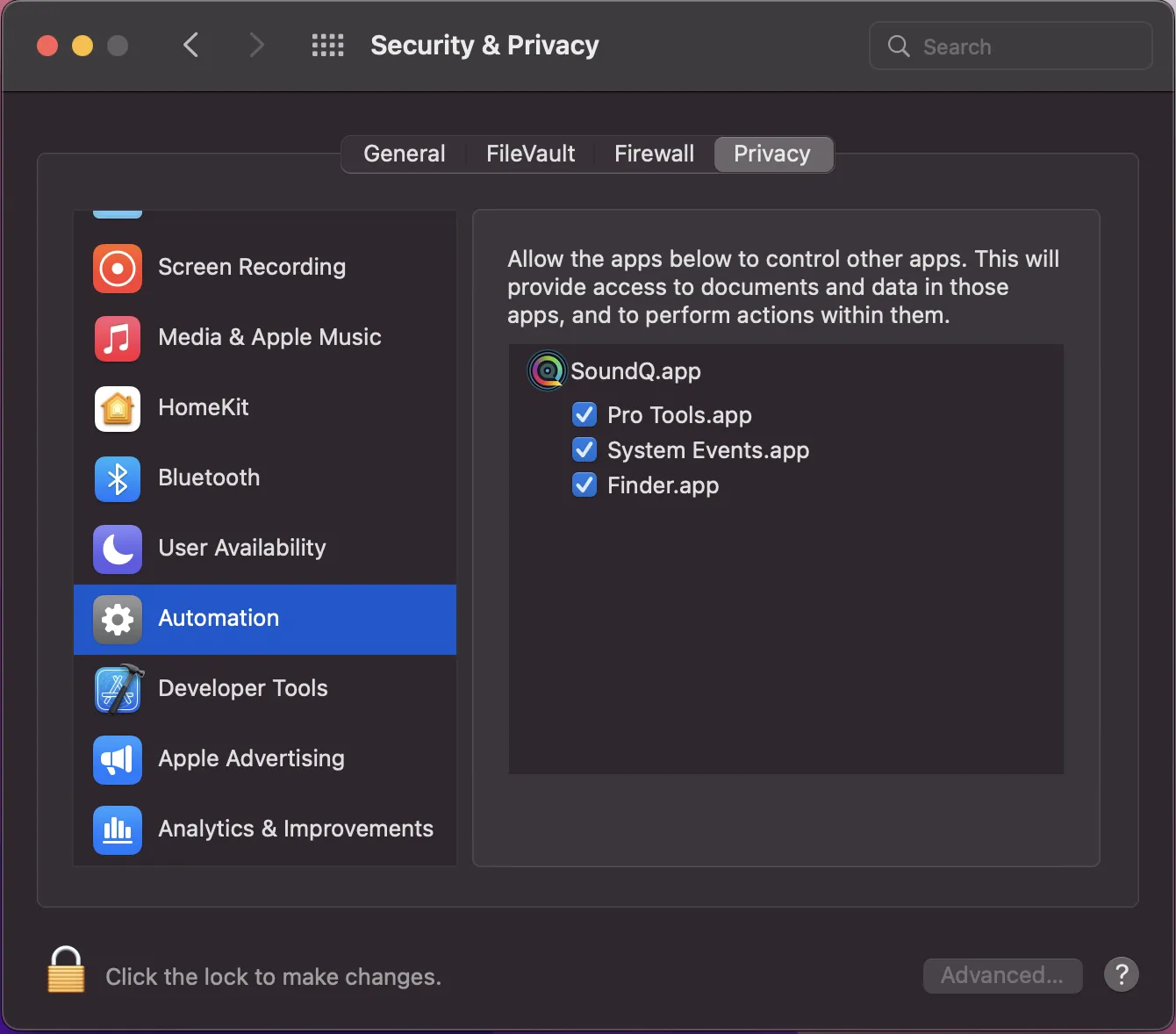 macOSのSecurity and Privacy設定のAutomation項目でSoundQに対しPro Tools System Events Finderが許可された状態