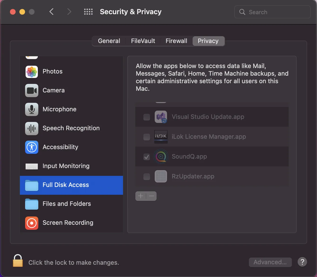 SoundQ.appがFull Disk AccessにチェックされているmacOSのSecurity & Privacy設定のPrivacyタブ