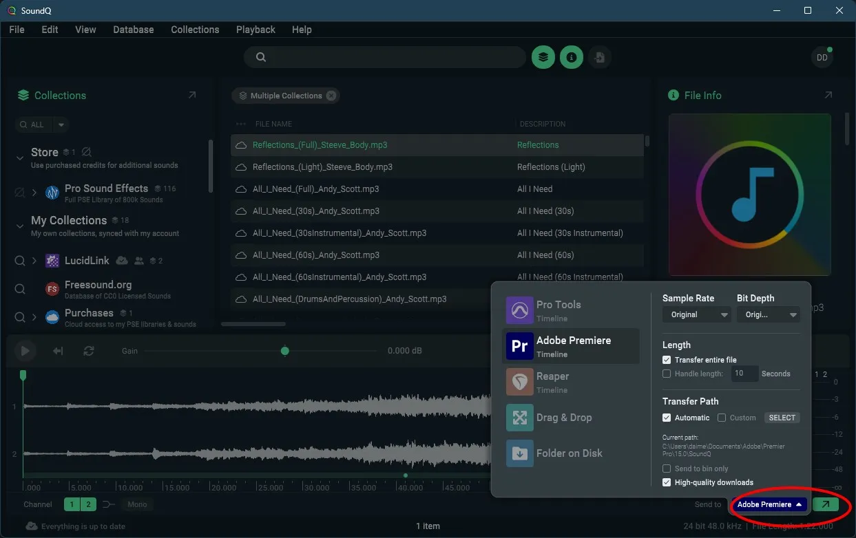 Adobe PremiereをターゲットにしたSoundQのSend toメニューとSample Rate Bit Depth Length Transfer Pathの各オプション