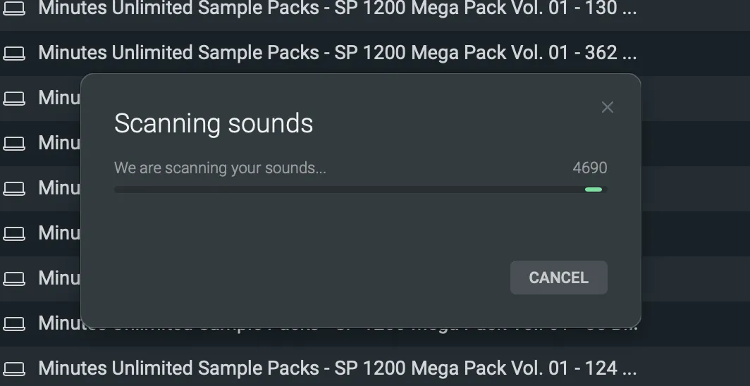サウンドのスキャン進行状況を示すScanning soundsダイアログ 進行状況バーと残り件数 CANCELボタンが表示されている