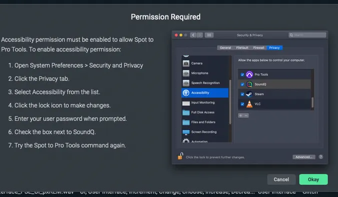 macOSのAccessibilityアクセスをPro Toolsへのスポット送信のために有効にする手順を示すSoundQのPermission Requiredダイアログ