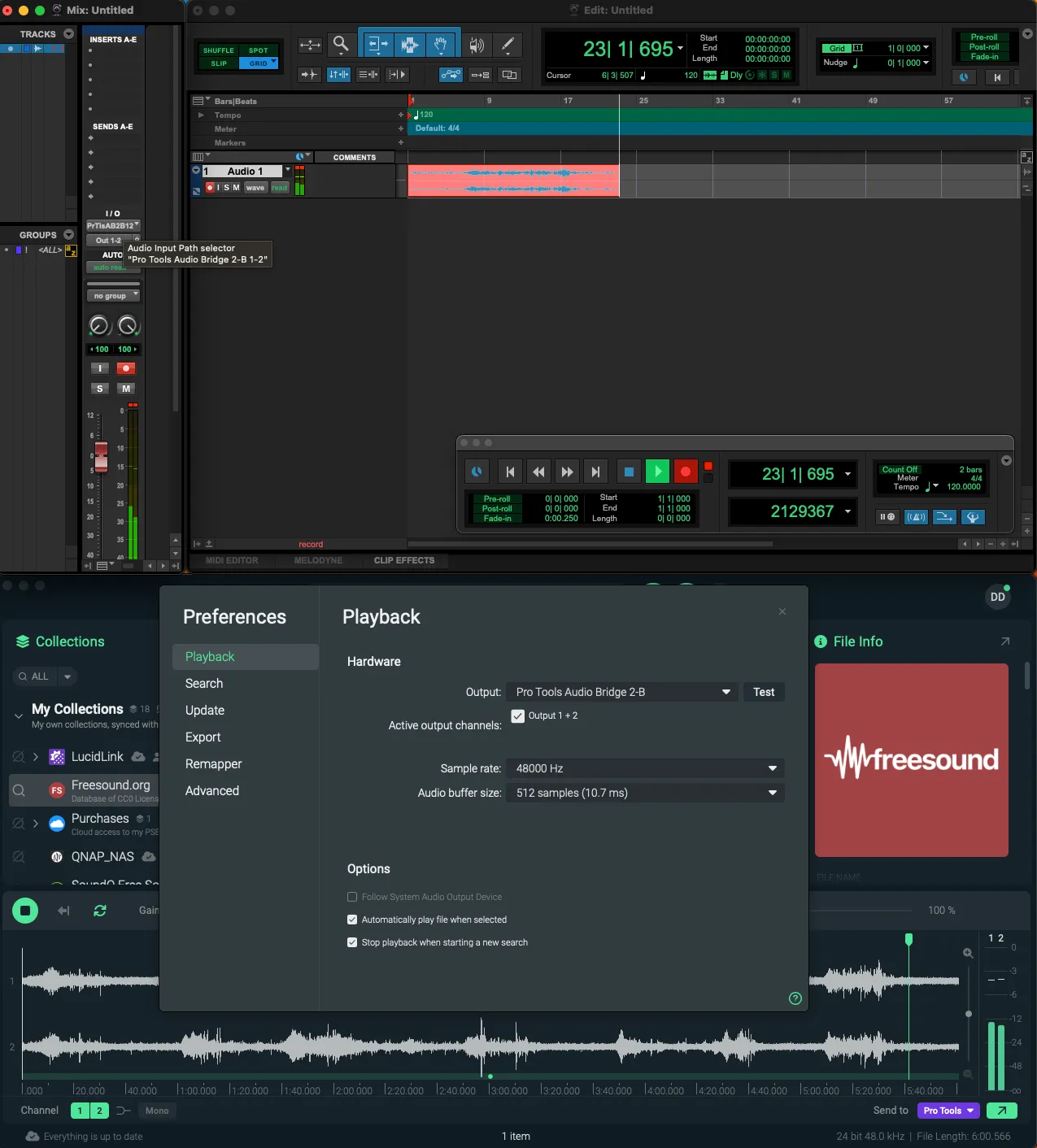 SoundQのPlayback設定で出力にPro Tools Audio Bridge 2-Bを選択しPro Tools側の入力に同じバスを指定して録音している画面