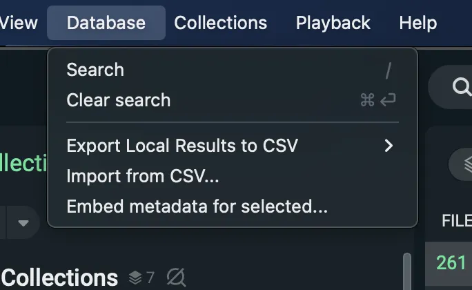 SoundQのDatabaseメニューを開きEmbed metadata for selectedの項目が表示された状態