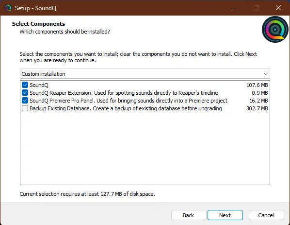 Windows版SoundQインストーラーのコンポーネント選択画面 Reaper ExtensionとPremiere Pro Panelにチェックが入った状態