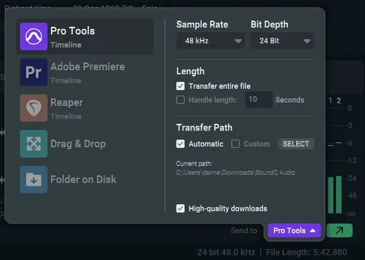 Pro Tools Adobe Premiere Reaper Drag and Drop Folder on Diskの各ターゲットとSample Rate Bit Depth Length Transfer Pathの設定が並んだSend Toメニュー