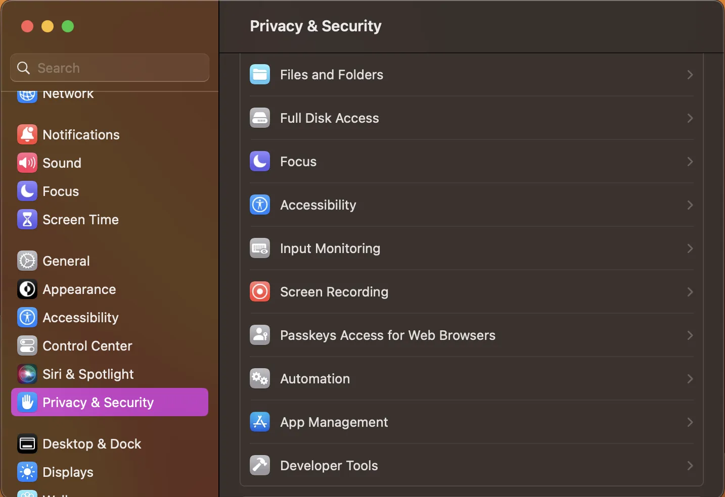 macOS Venturaのプライバシーとセキュリティ設定でAutomationなどの項目が並んだ画面