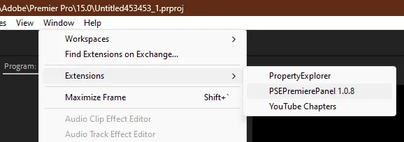 Premiere Proのウィンドウメニューから拡張機能を開きPSEPremierePanelが表示された状態