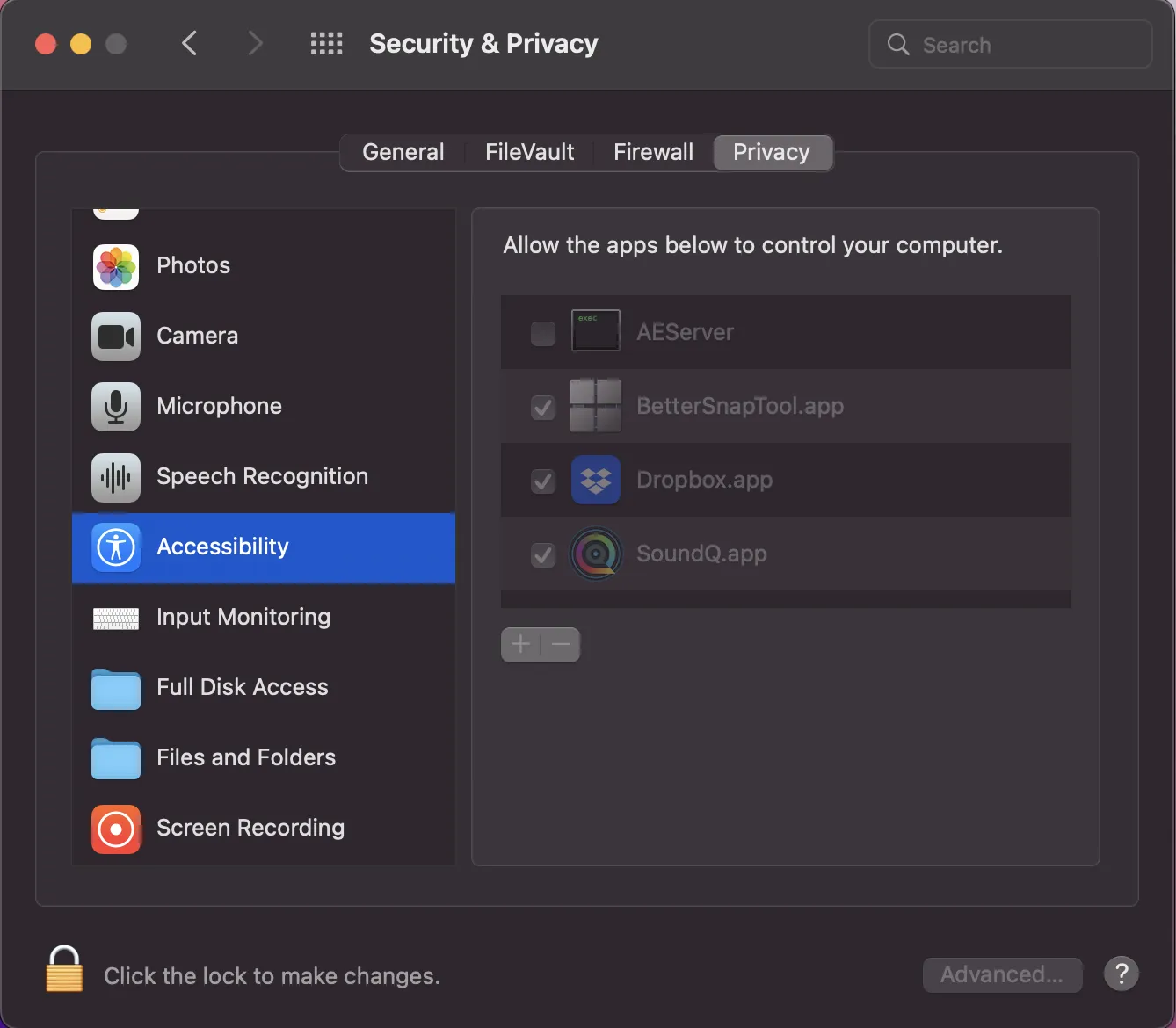 SoundQ.appがAccessibilityにチェックされているmacOSのSecurity & Privacy設定のPrivacyタブ