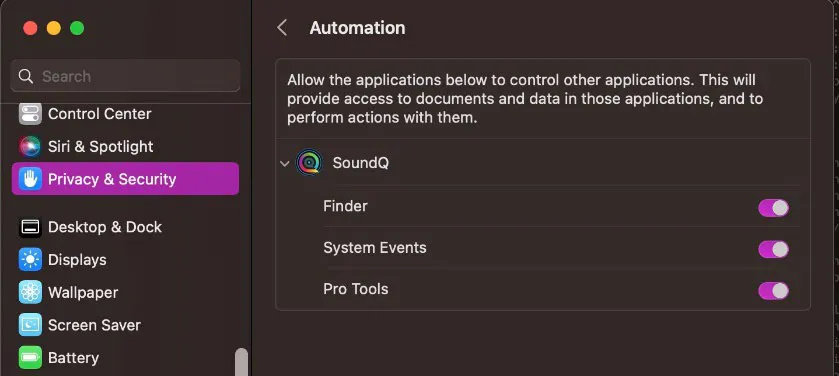 macOSのプライバシーとセキュリティ設定のAutomation画面でSoundQに対しFinder System Events Pro Toolsが有効になっている状態