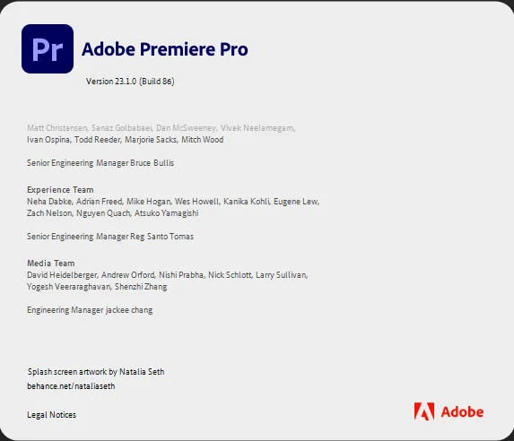バージョン23.1.0を示すAdobe Premiere Proのaboutスクリーン