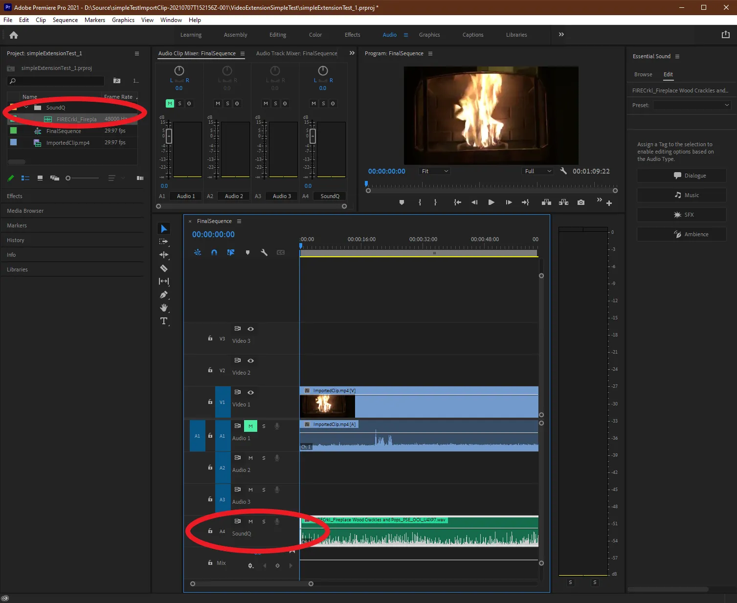 SoundQ binに追加され専用のSoundQオーディオトラックへ配置されたサウンドを示すAdobe Premiere Pro