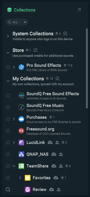 System Collections Store My Collectionsの3つのセクションが並んだSoundQのCollections Panel