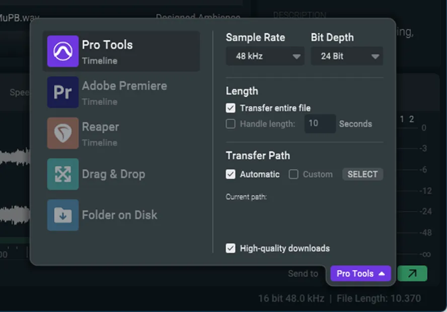 Send Toメニューでターゲット一覧からPro Toolsを選択した状態
