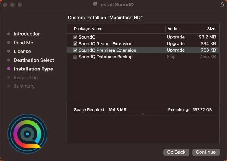 macOS版SoundQインストーラーのカスタムインストール画面 Reaper ExtensionとPremiere Extensionが選択された状態