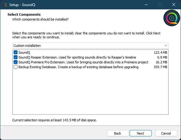 ReaperとPremiere Proの拡張機能にチェックが入ったSoundQのWindowsインストーラーのSelect Componentsステップ