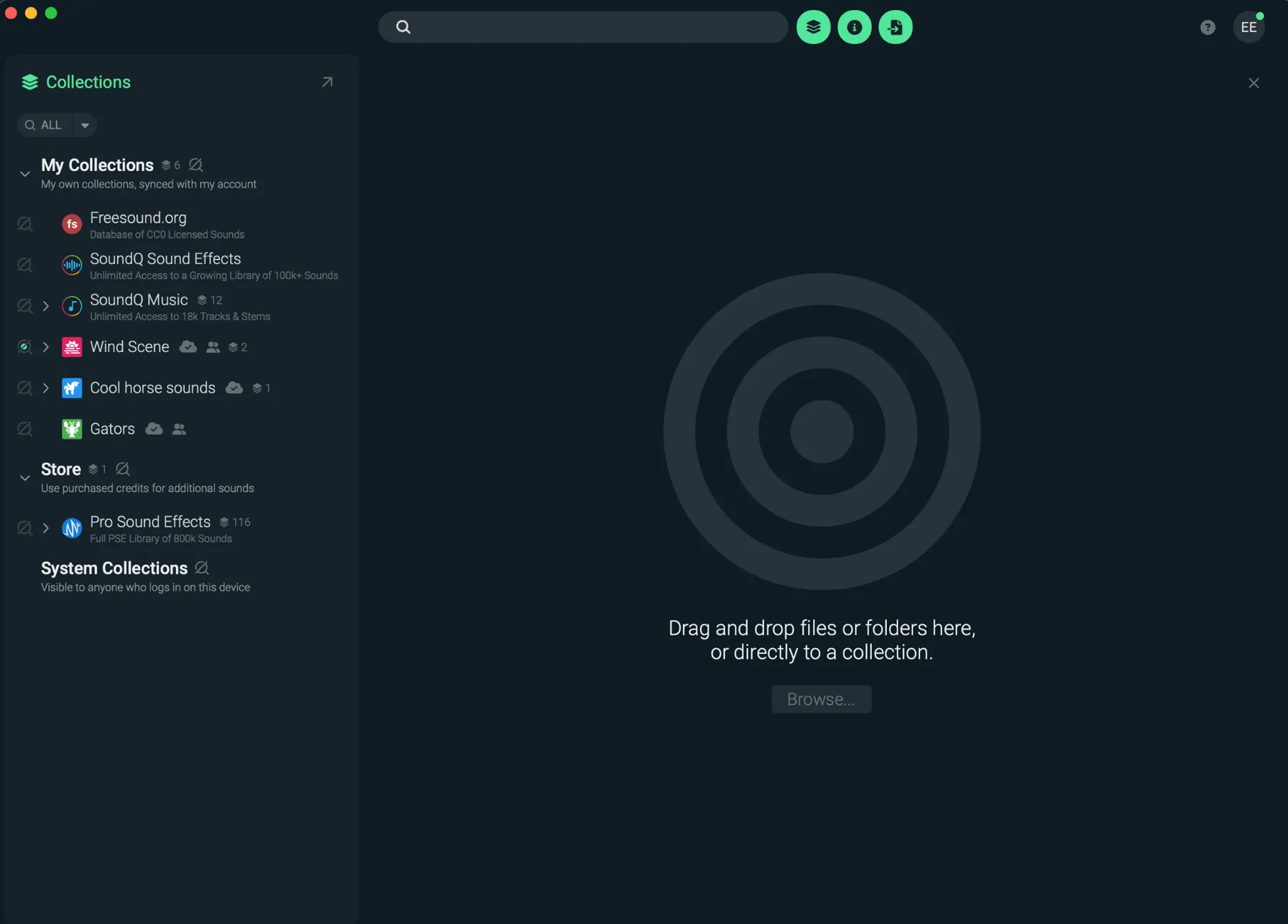 ファイルやフォルダをドロップする領域とBrowseボタンが表示されたSoundQのインポート画面