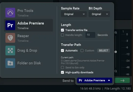 Send ToメニューでAdobe Premiereをターゲットに選択した状態