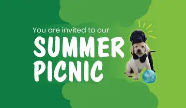 Invitation to a summer picnic featuring two playful puppies with a blue ball on a green background.