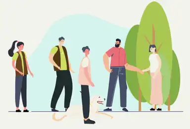A diverse group of five people stand together in a park setting with a large green tree, with one person holding a dog's leash.