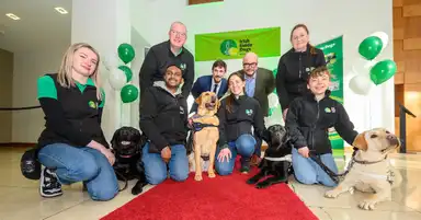 This image shows a group of people, including staff members of Irish Guide Dogs for the Blind, posing with several guide dogs in a room decorated with green balloons and a banner.