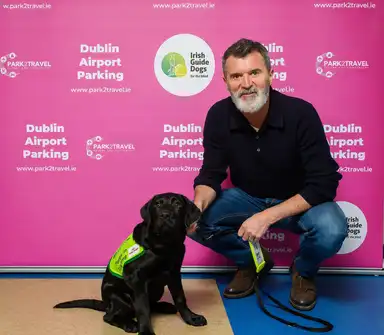 Roy kneels beside a black Labrador puppy wearing an Irish Guide Dogs training vest, set against a pink Dublin Airport Parking backdrop.