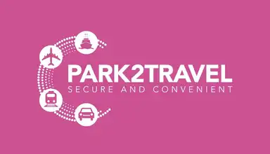 Pink logo for "Park2Travel: Secure and Convenient" with icons of a plane, ship, car, and train arranged in a circular pattern.