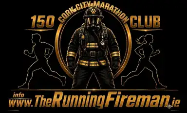 An image featuring a firefighter in gear, flanked by running silhouettes, with text "Cork City Marathon Club" and website "TheRunningFireman.ie".