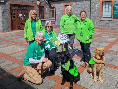 A group of people in green shirts and jackets pose with two guide dogs. They hold a sign for the 50th anniversary of Irish Guide Dogs.