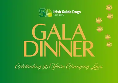 Green invitation card for the Irish Guide Dogs Gala Dinner, celebrating 50 years of service, featuring gold paw prints and text.