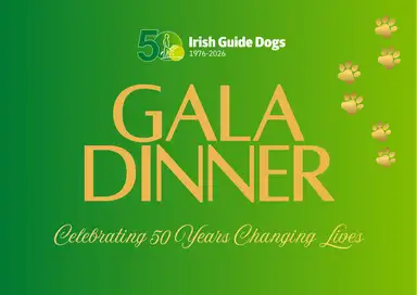 Green invitation card for the Irish Guide Dogs Gala Dinner, celebrating 50 years of service, featuring gold paw prints and text.
