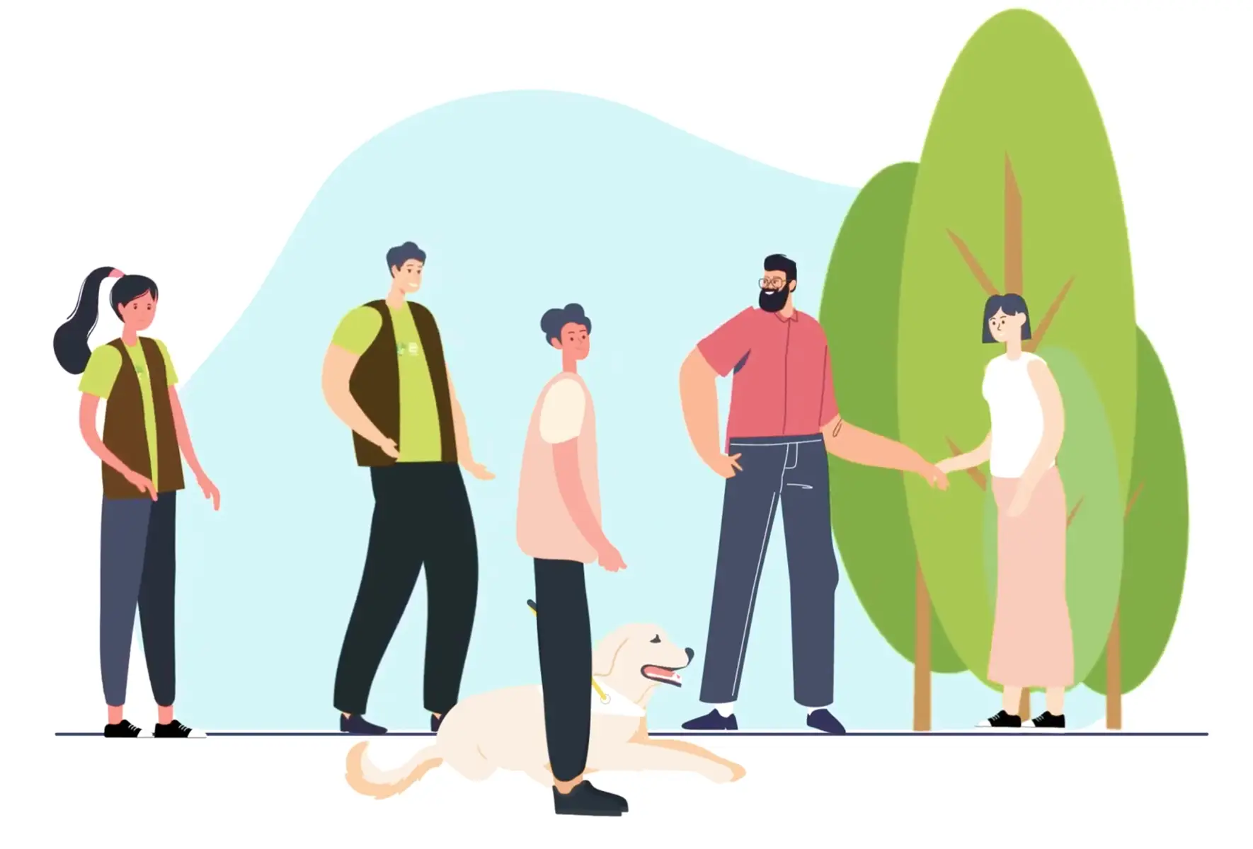 Five people and a dog stand outdoors near tall trees, engaging in conversation.