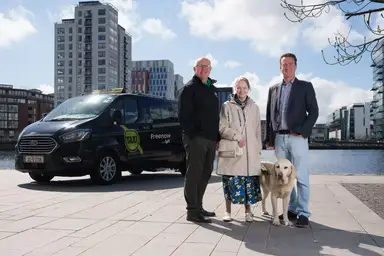 L-R Tim O_Mahony Irish Guide Dogs CEO, Carol Carr Guide Dog Owner with Guide Dog Arlo, and Alan Fox, VP Central Operations at Freenow by Lyft