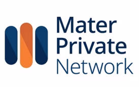 Logo of Mater Private Network with three vertical bars in blue and orange beside the name in blue text.