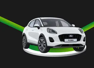 White Ford Puma SUV on a black background with green accents.