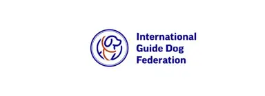 Logo of the International Guide Dog Federation with an abstract dog design in a circular emblem beside the organization's name.