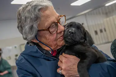 Elderly person in glasses cuddling a small black puppy indoors, both looking content and comfortable together.