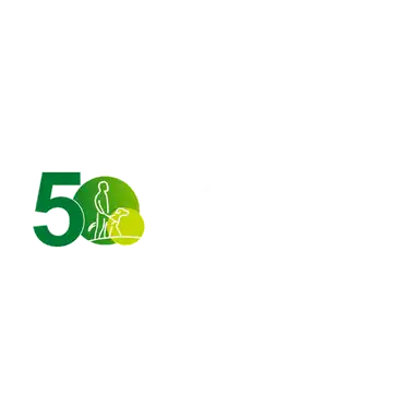 Logo for the 50th anniversary of Irish Guide Dogs, featuring a green and white design with a person and dog, years 1976-2026.