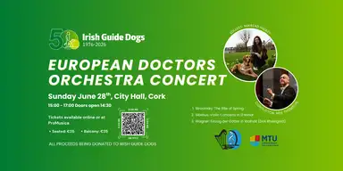 Advertisement for the European Doctors Orchestra Concert in Cork on June 28th, benefiting Irish Guide Dogs. Includes QR code and ticket info.