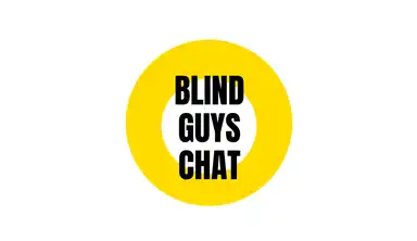 Bold text "BLIND GUYS CHAT" inside a white circle, surrounded by a larger yellow circle on a white background.