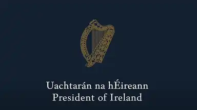 Stylized harp above text "Uachtarán na hÉireann, President of Ireland" on a dark background.