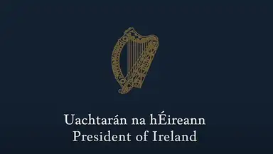 Stylized harp above text "Uachtarán na hÉireann, President of Ireland" on a dark background.