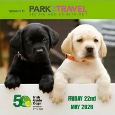 Two Labrador puppies, one black and one yellow, peek over a white fence. Text mentions Irish Guide Dogs' 50th anniversary and a date, May 22, 2026.