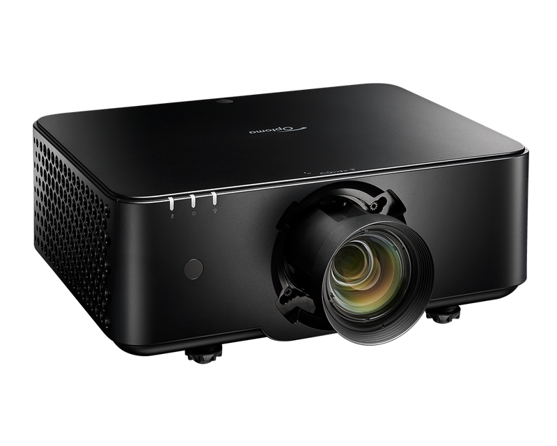 Black projector with a prominent lens, control buttons, and a perforated side panel, designed for high-quality image projection.