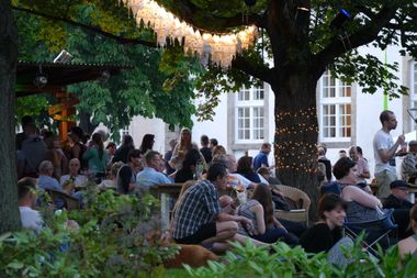 Menschen sitzen unter Bäumen und Lichterketten.