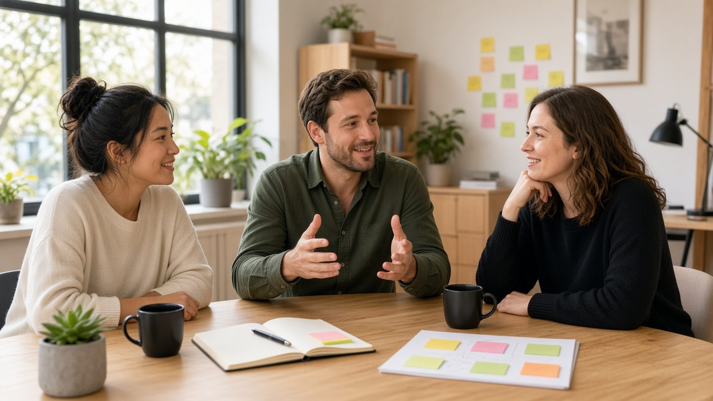 Three people in a positive office discussion