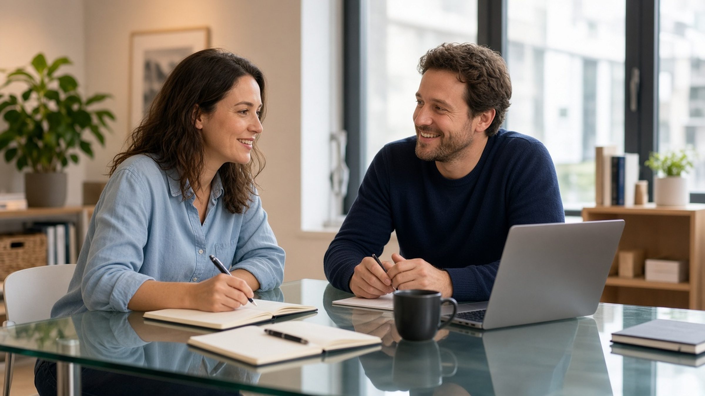 Two colleagues in a friendly office discussion