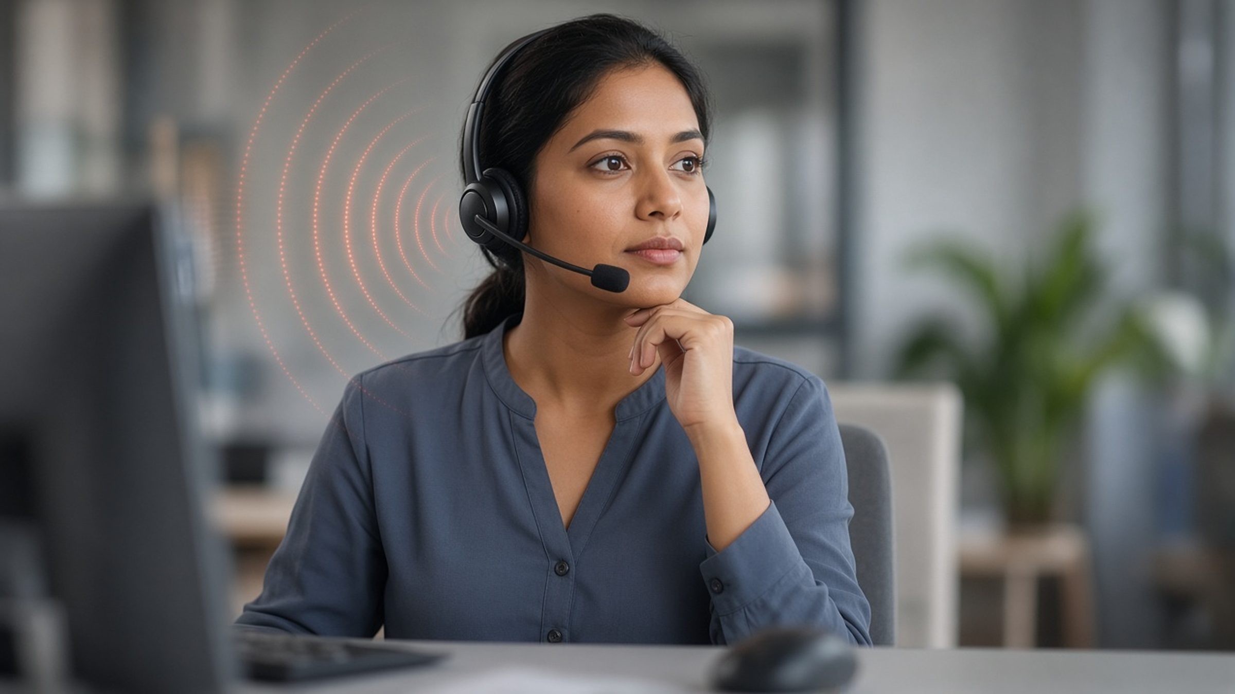 Call-centre agent listening on a headset with subtle angry sound waves from the earpiece speaker