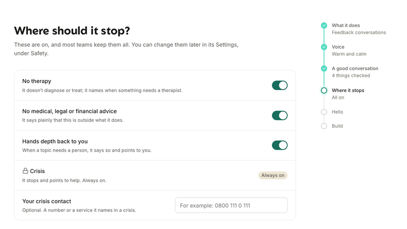 CoachBot Studio safety settings: no therapy, no medical, legal or financial advice, hand-over to the coach